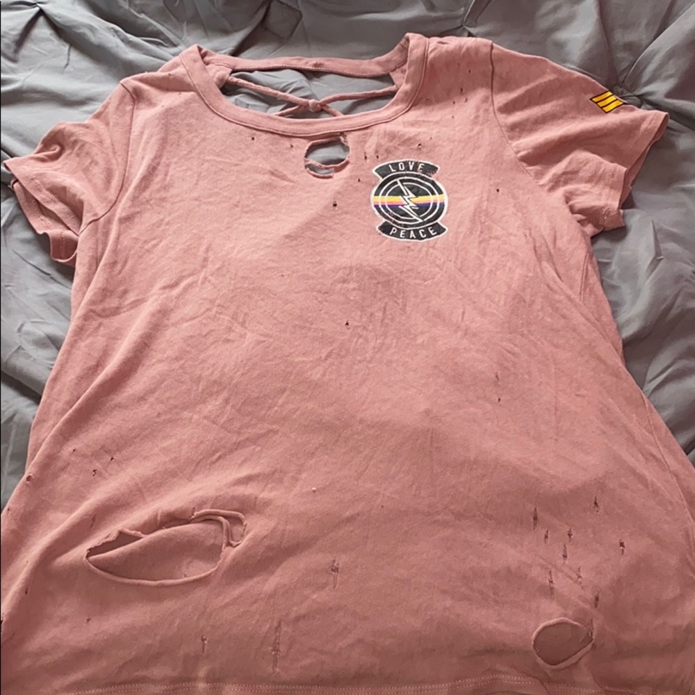 Pink Distressed Shirt with Open Back and Patched